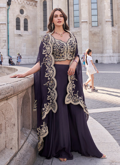 Purple Sequence Embroidered Cape Style Palazzo Suit