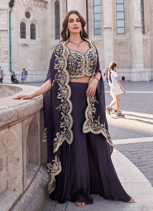 Purple Sequence Embroidered Cape Style Palazzo Suit