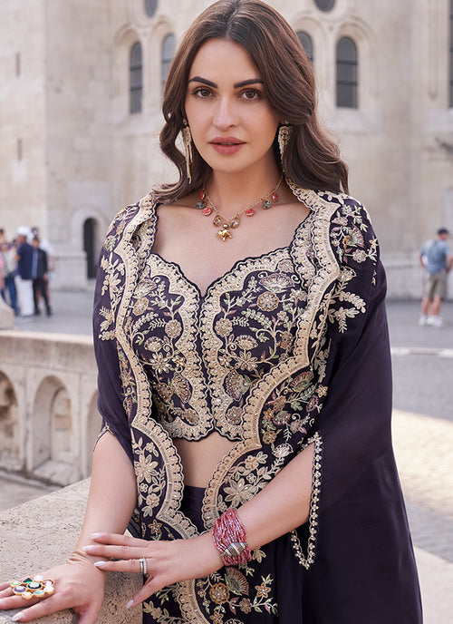 Purple Sequence Embroidered Cape Style Palazzo Suit