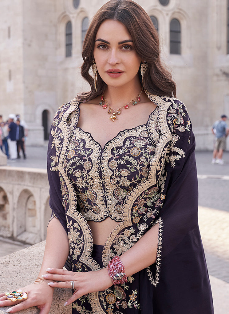 Purple Sequence Embroidered Cape Style Palazzo Suit