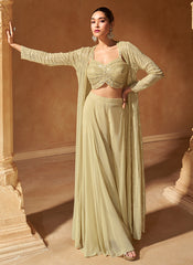 Beige Yellow Embroidered Jacket Style Palazzo Suit 