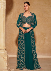Teal Green Embroidered Jacket Style Palazzo Suit