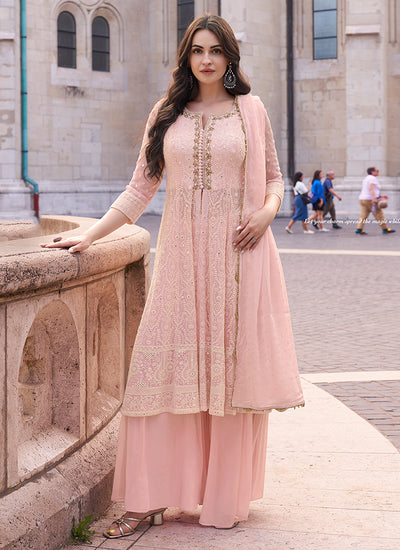 Baby Pink Lucknowi Embroidery Slit Style Anarkali Suit