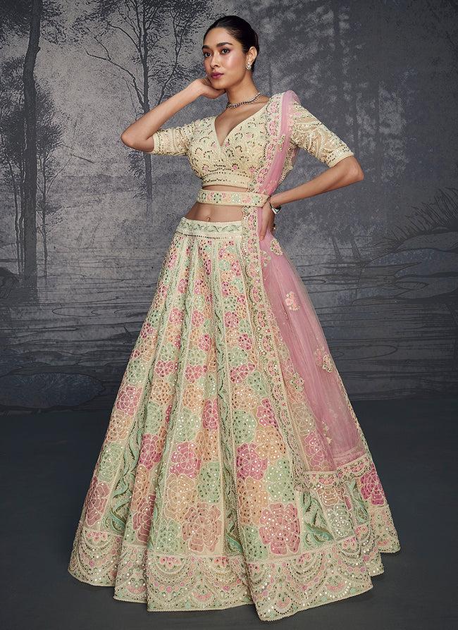 Shop Bridal Lehengas In Canada Pink And Green Traditional Embroidered Bridal Lehenga Choli At Hatkay