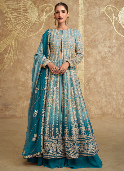 Turquoise Blue Ombré Embroidered Slit Style Anarkali Lehenga