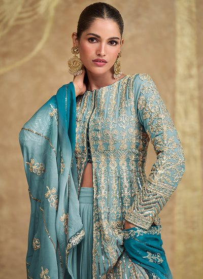 Turquoise Blue Ombré Embroidered Slit Style Anarkali Lehenga