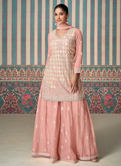 Blush Pink Designer Embroidery Chinnon Sharara Suit