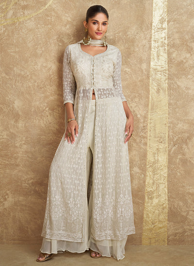Ivory White Traditional Embroidered Slit Style Palazzo Suit