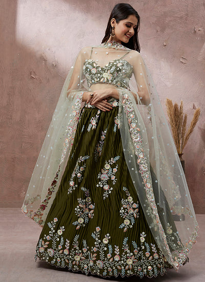 Olive Green Multi Embroidery Wedding Lehenga Choli