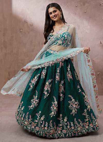 Teal Blue Multi Embroidery Wedding Lehenga Choli