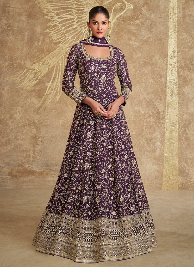 Buy Diwali Suit In USA - Deep Purple Embroidery Festive Anarkali Gown Dress Buy Diwali Suit In USA - Deep Purple Embroidery Festive Anarkali Gown Dress