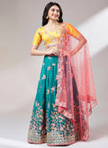 Turquoise And Yellow Multi Embroidery Lehenga Choli And Dupatta