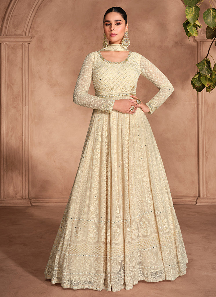 Cream White Chikankari Embroidery Festive Anarkali Dress