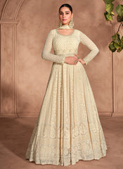 Cream White Chikankari Embroidery Festive Anarkali Dress
