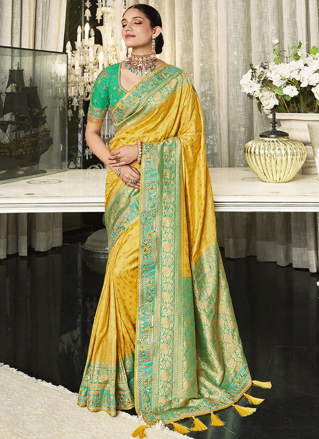 Green And Yellow Handwork Embroidery Silk Saree
