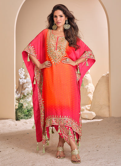 Pink Orange Multi-Embroidery Poncho Style Pant Suit