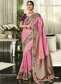 Pink And Maroon Handwork Embroidery Silk Saree