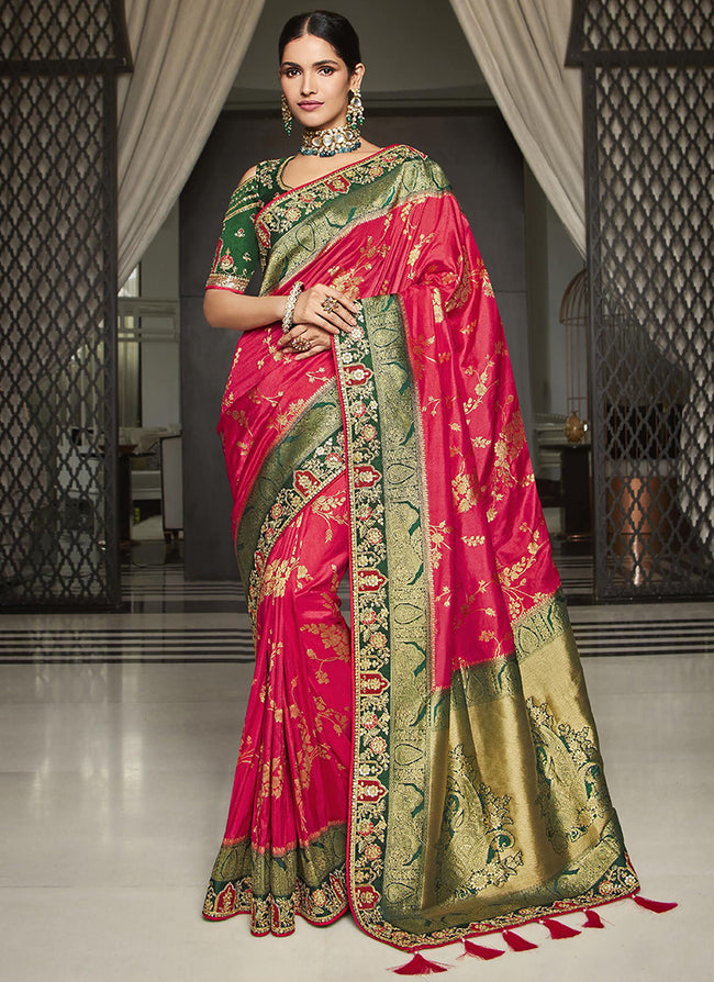 Cherry Red And Olive Handwork Embroidery Silk Saree