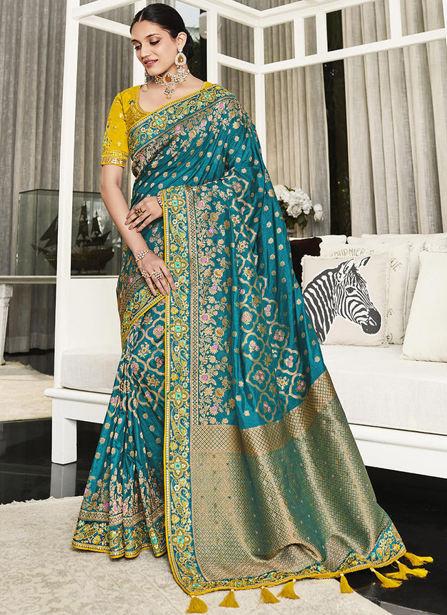 Turquoise And Yellow Handwork Embroidery Silk Saree
