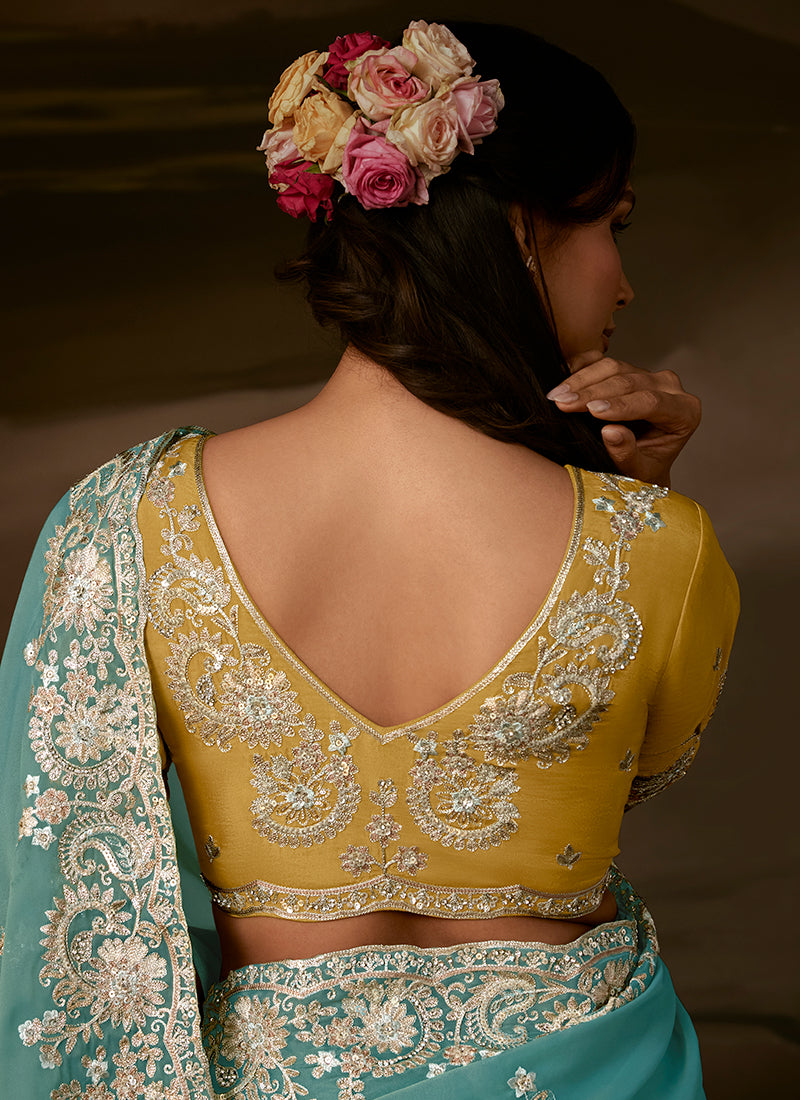 Aqua Blue And Yellow Embroidered Organza Silk Saree