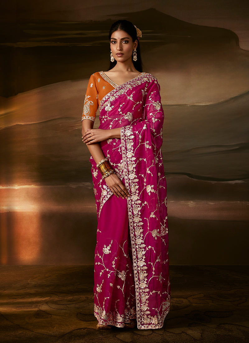 Magenta And Orange Embroidered Organza Silk Saree