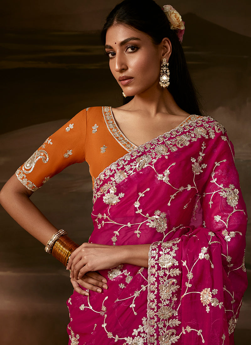 Magenta And Orange Embroidered Organza Silk Saree