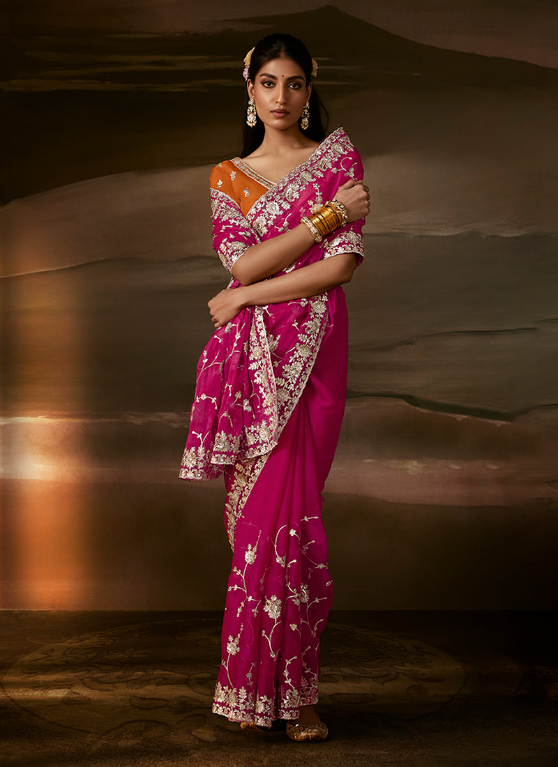Magenta And Orange Embroidered Organza Silk Saree