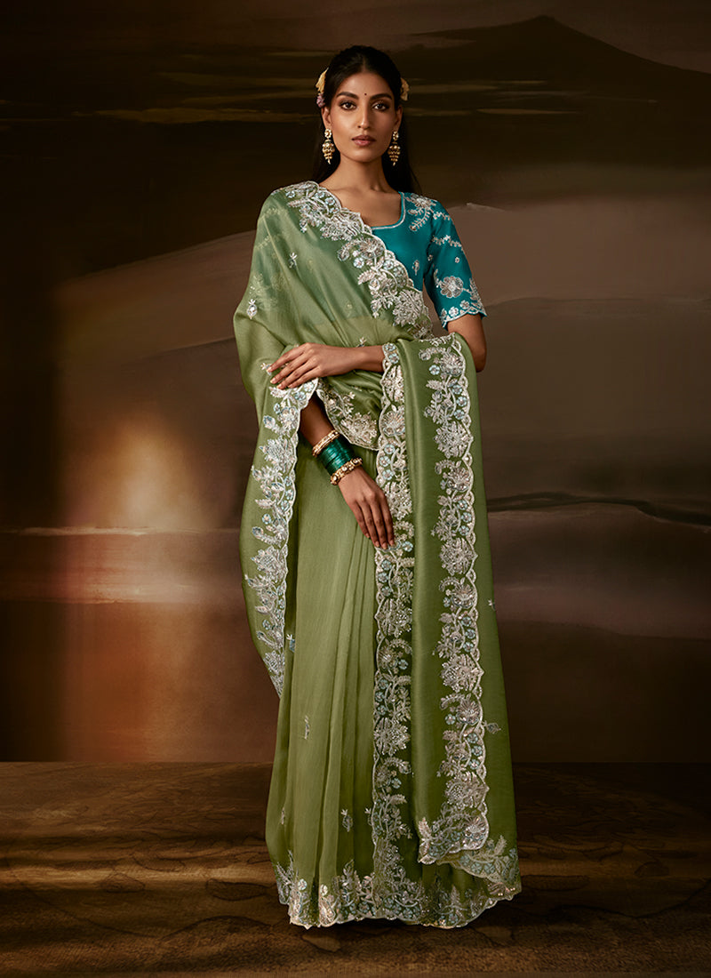 Green And Teal Embroidered Organza Silk Saree