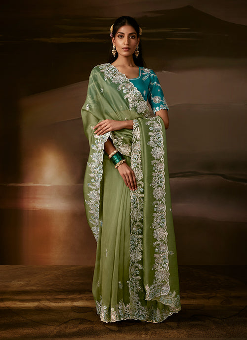 Green And Teal Embroidered Organza Silk Saree
