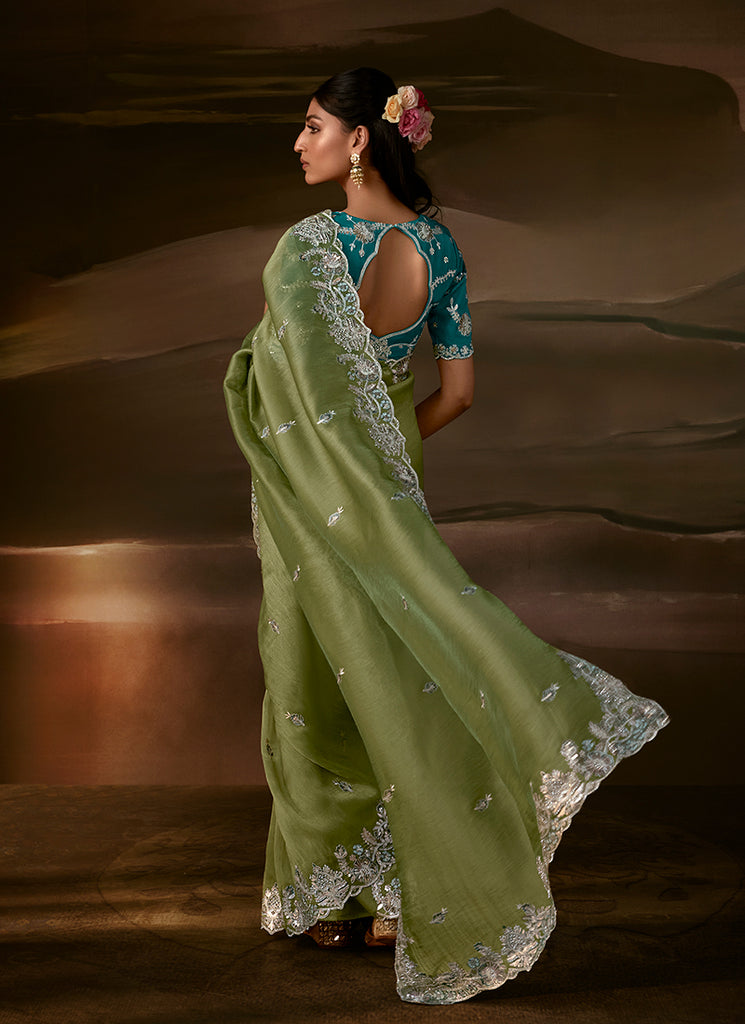 Green And Teal Embroidered Organza Silk Saree