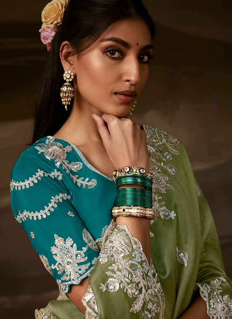 Green And Teal Embroidered Organza Silk Saree