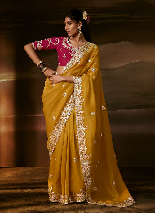 Yellow And Pink Embroidered Organza Silk Saree