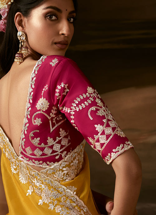 Yellow And Pink Embroidered Organza Silk Saree