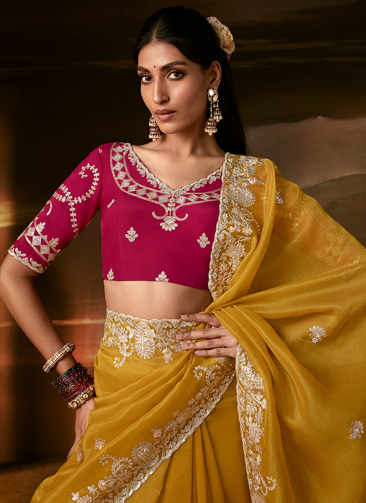 Yellow And Pink Embroidered Organza Silk Saree