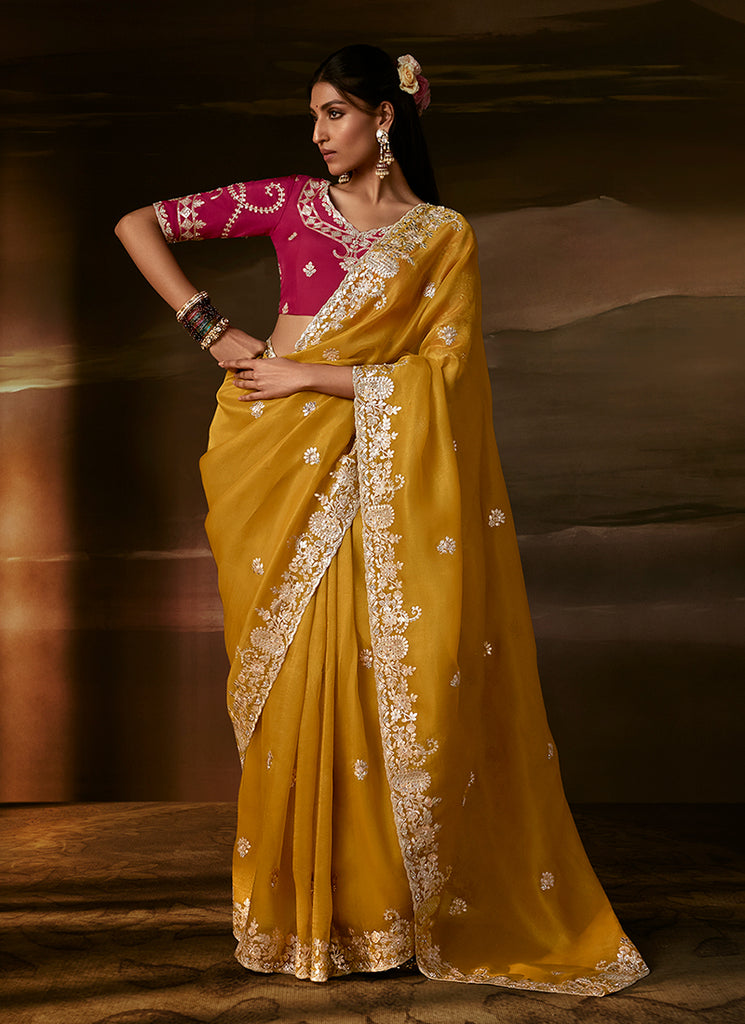 Yellow And Pink Embroidered Organza Silk Saree
