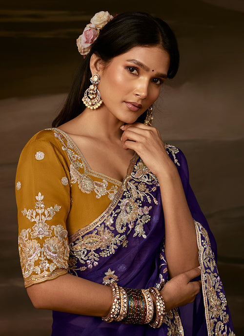 Violet And Yellow Embroidered Organza Silk Saree
