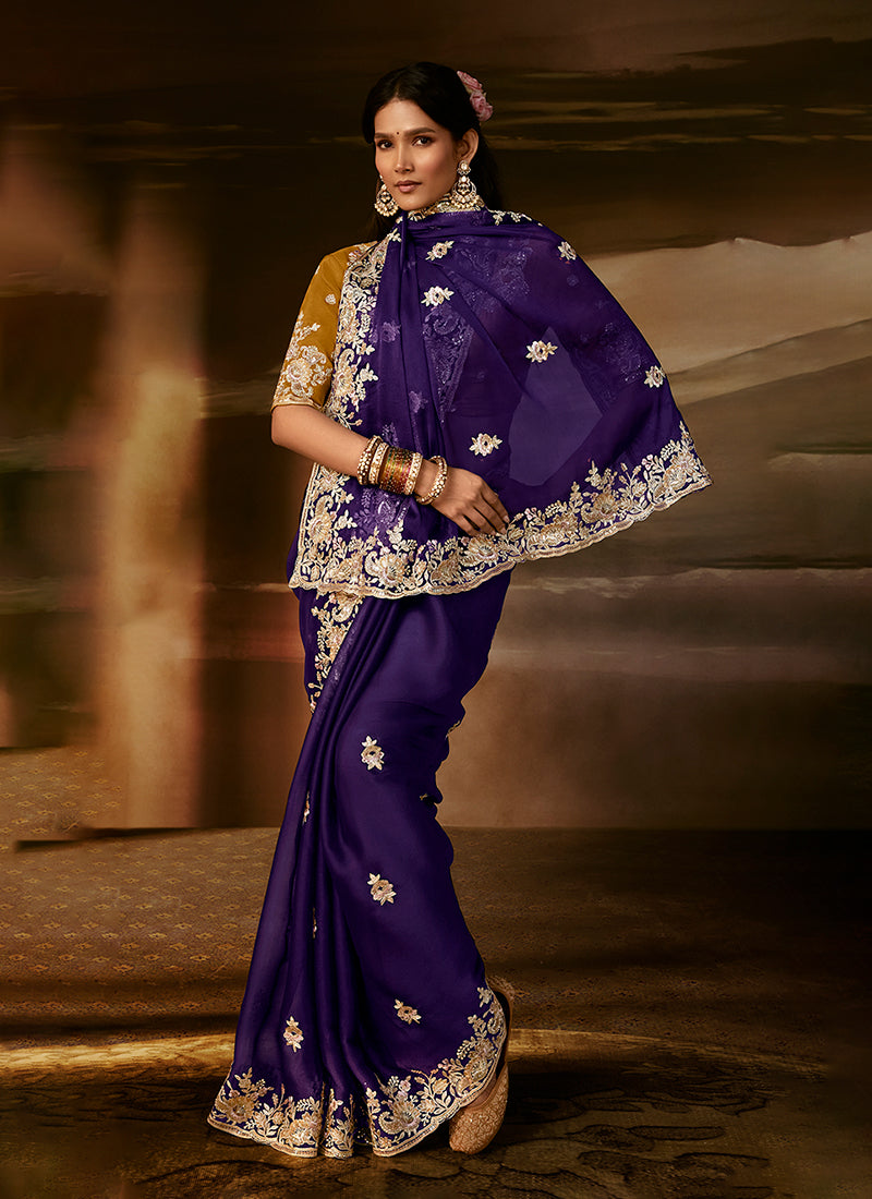 Violet And Yellow Embroidered Organza Silk Saree