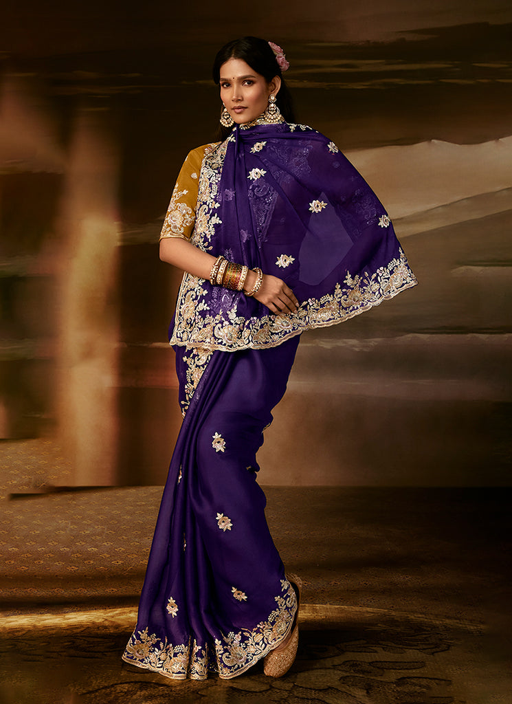 Violet And Yellow Embroidered Organza Silk Saree