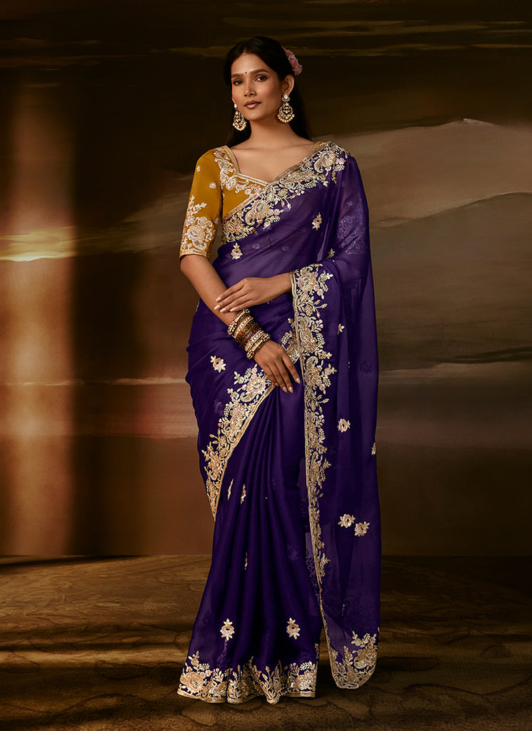 Violet And Yellow Embroidered Organza Silk Saree