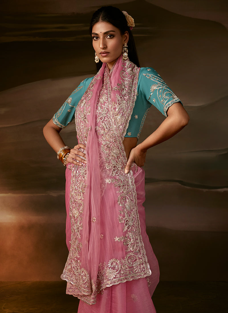 Pink And Blue Embroidered Organza Silk Saree