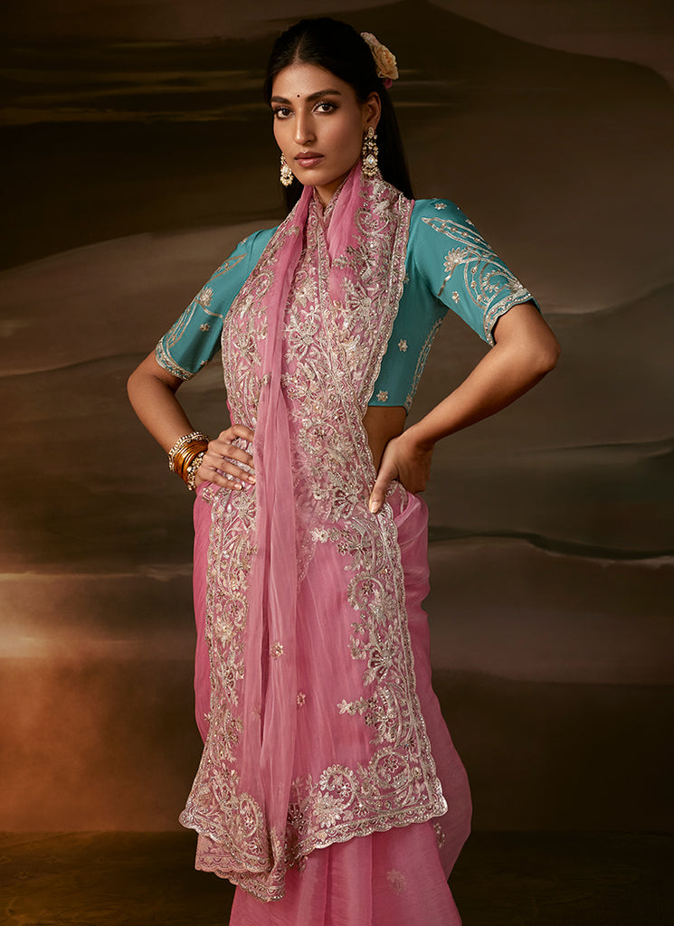 Pink And Blue Embroidered Organza Silk Saree