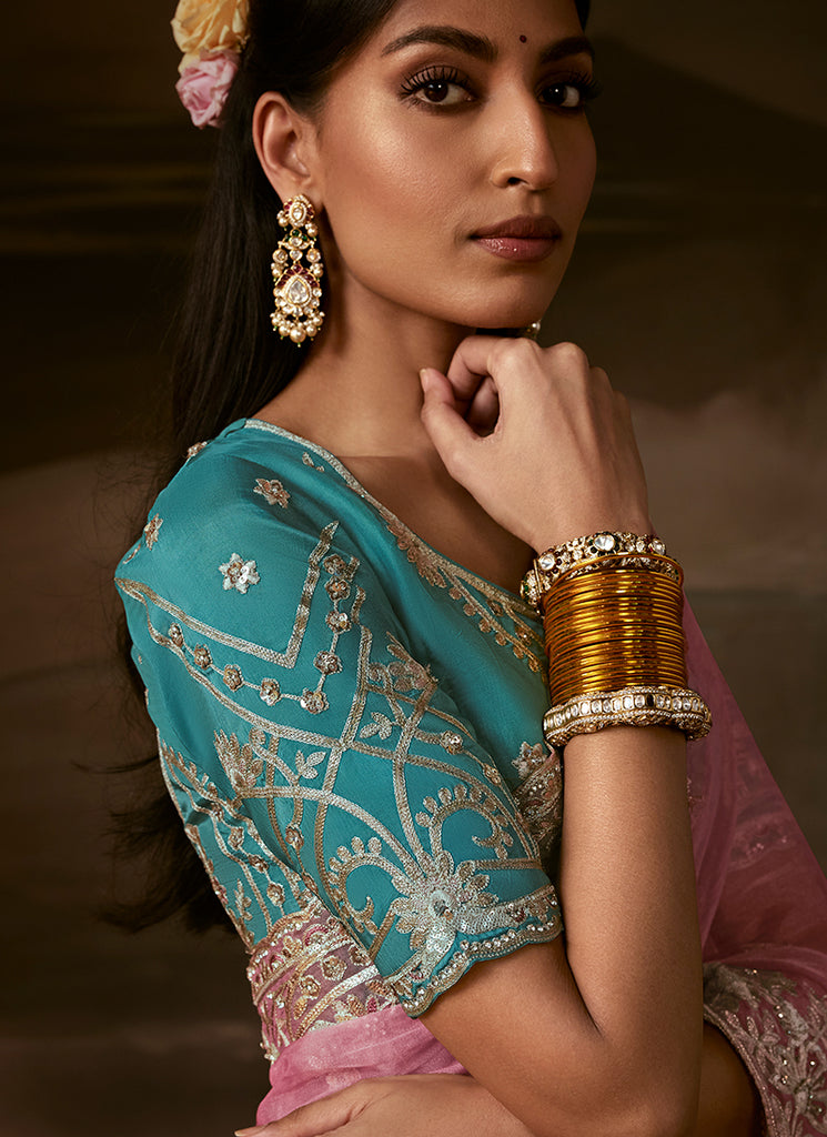 Pink And Blue Embroidered Organza Silk Saree