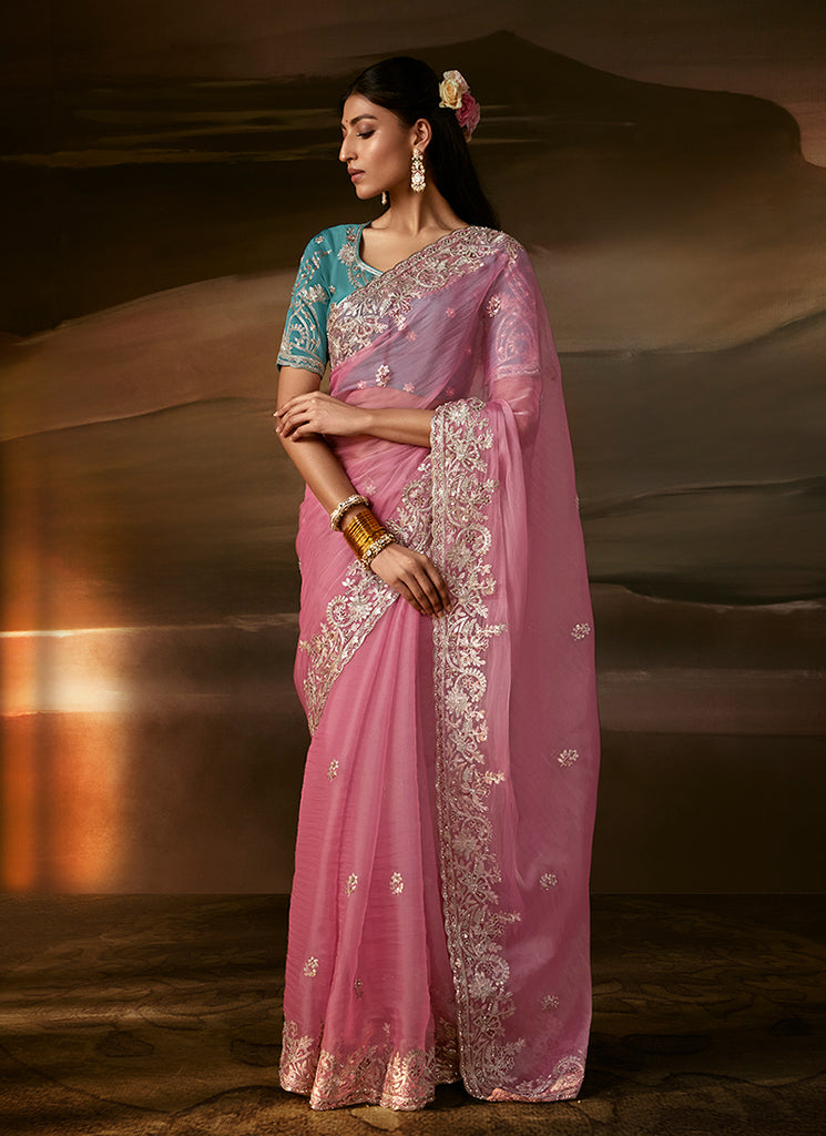 Pink And Blue Embroidered Organza Silk Saree