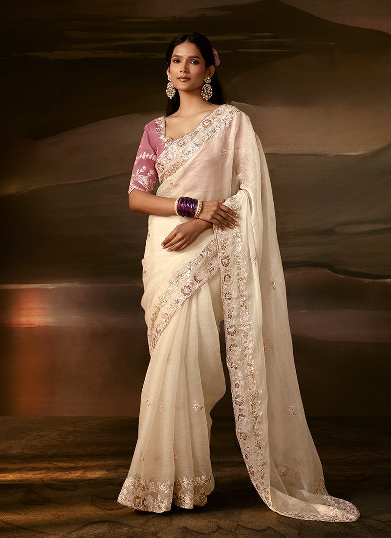 Off White And Pink Embroidered Organza Silk Saree