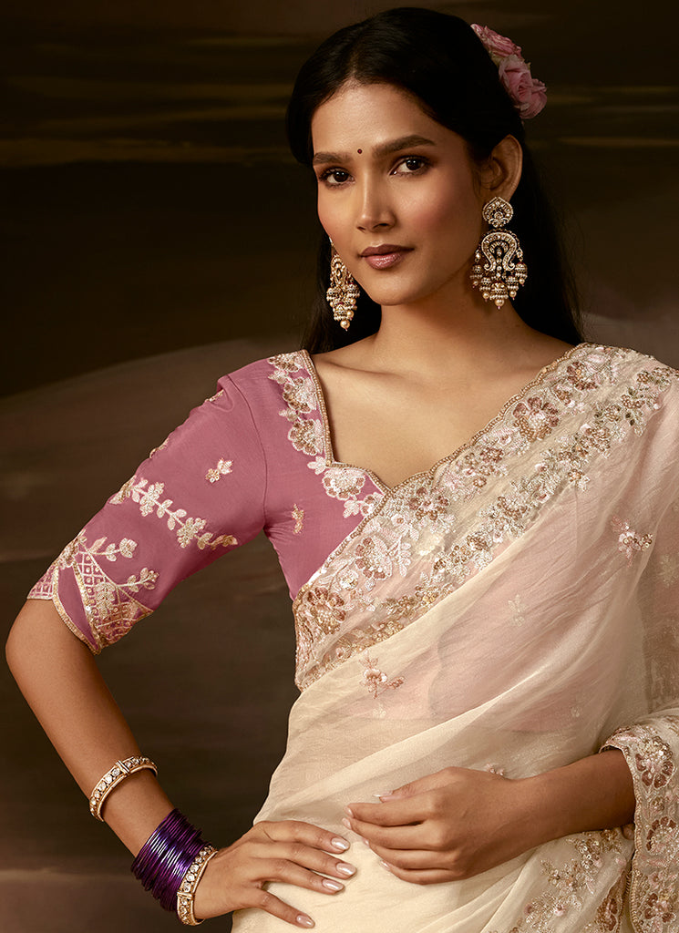 Off White And Pink Embroidered Organza Silk Saree