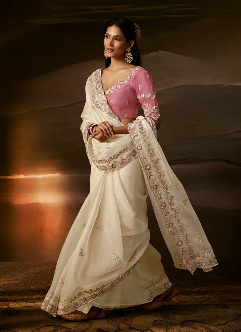 Off White And Pink Embroidered Organza Silk Saree