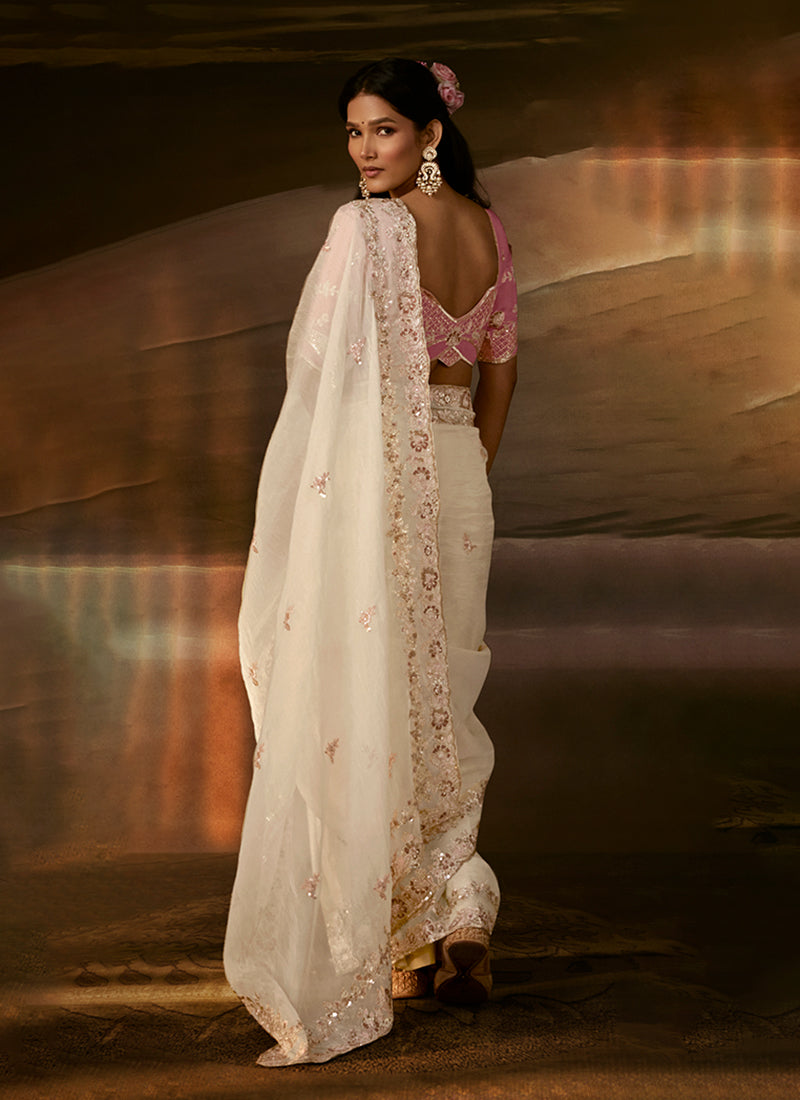 Off White And Pink Embroidered Organza Silk Saree