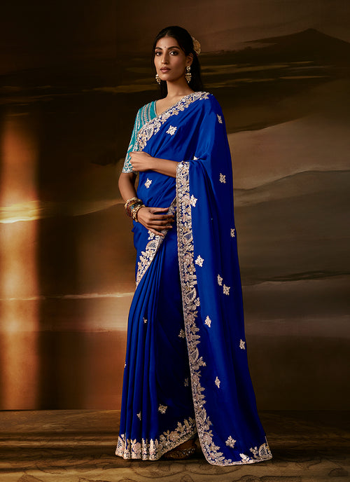 Royal Blue And Teal Embroidered Organza Silk Saree