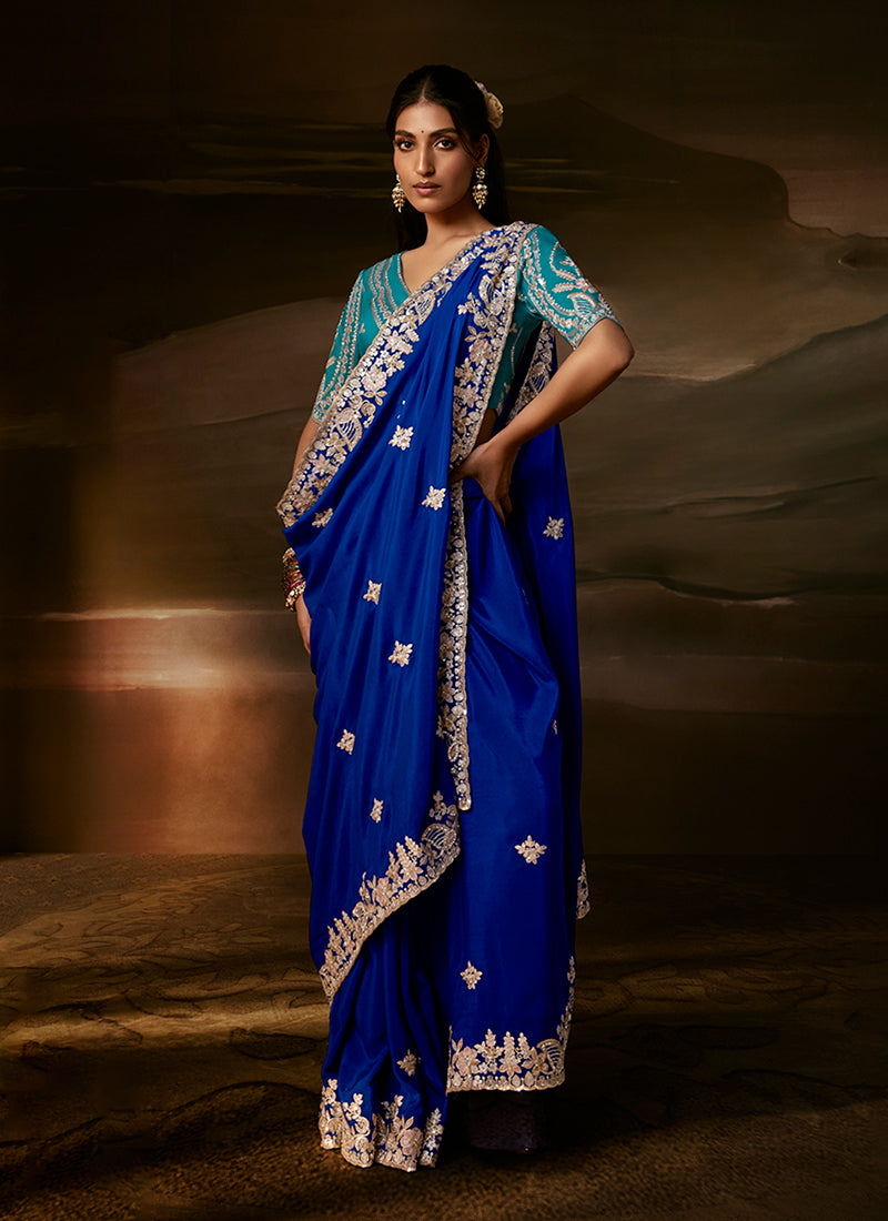 Royal Blue And Teal Embroidered Organza Silk Saree