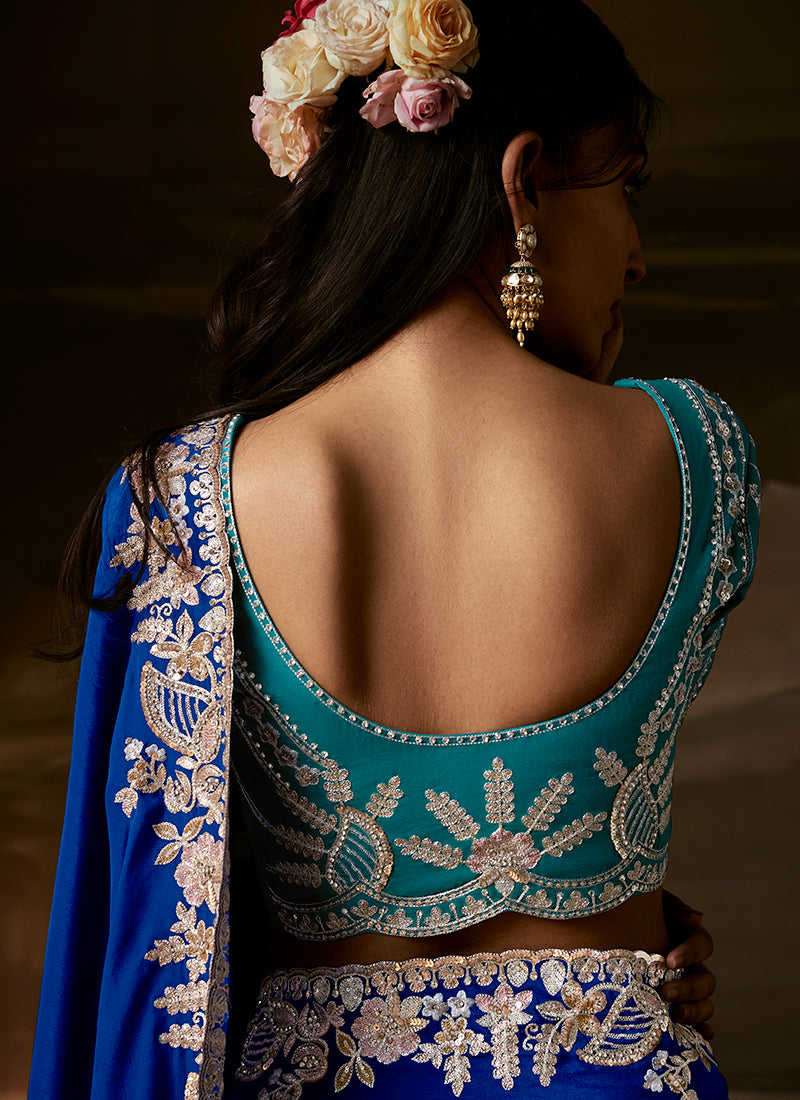 Royal Blue And Teal Embroidered Organza Silk Saree